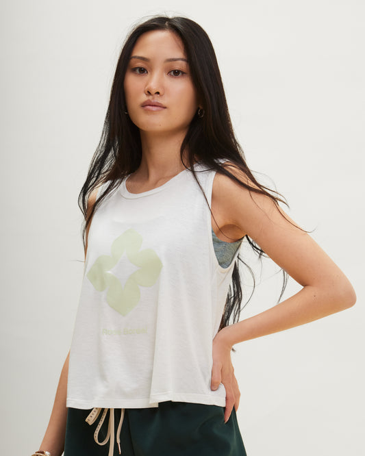 Woman wearing the Rose Boreal More Joy Tank Top - Natural White. / Femme qui porte la camisole Joie de Vivre de Rose Boreal - Blanc Naturel.